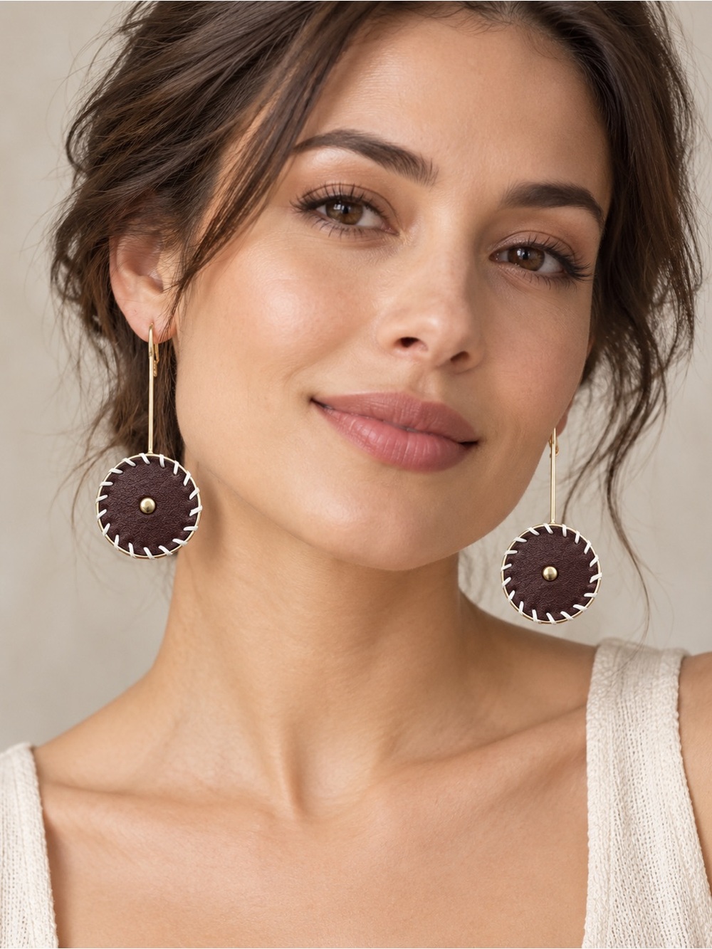 Roman Brown Leather & Gold Tone Statement Drop Earrings